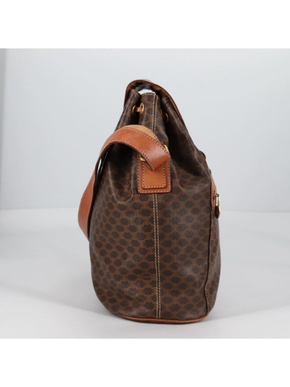 Authentic CELINE Macadam Canvas Shoulder Bag PVC Leather Brown Gold - Picture 12 of 16